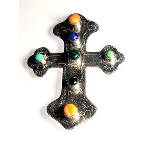 Vintage Thailand 925 Semi-Precious Gemstone Cross Pendant Large Western Unique